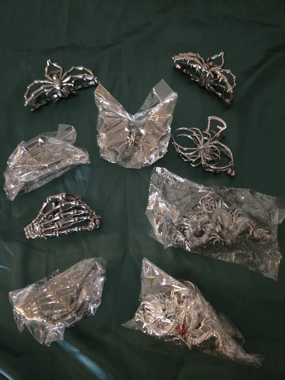 Silver Ornate Metal Hair Claw Clips - Asst. Spiders, Dragons & Skelington Hands